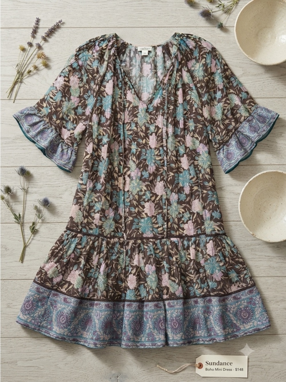 Sundance Floral Boho Mini Dress in Brown, Teal & Pink